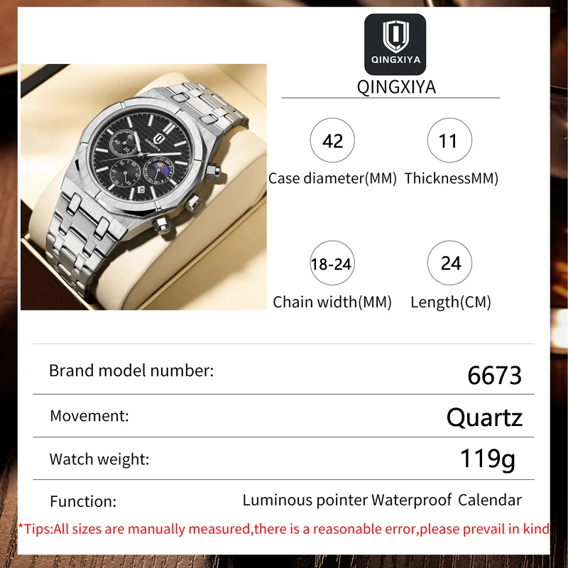 QINGXIYA Fashion Moon Phase Quartz Watch for Men Stainless Steel Waterproof Luminous Chronograph Watches Mens Relogio Masculino