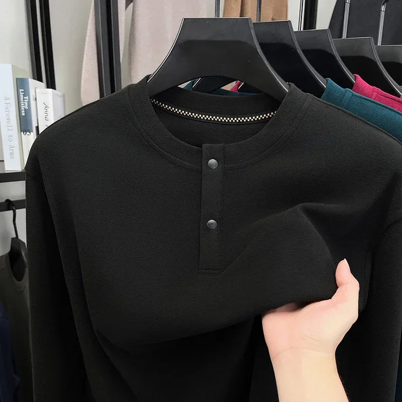 Mens Loose Fit Henley Pullover Crew Neck Two Button Long Sleeve Soft Thermal Cloth Daily Commute Casual Apparel - view 4