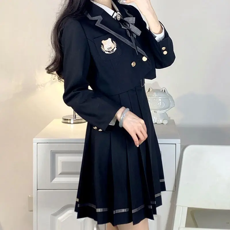 MAGOGO Original Japanese Short Dress Sets Women Autumn College Style High Waist Pleated Skirt with Shirt Coat Three-piece Suit