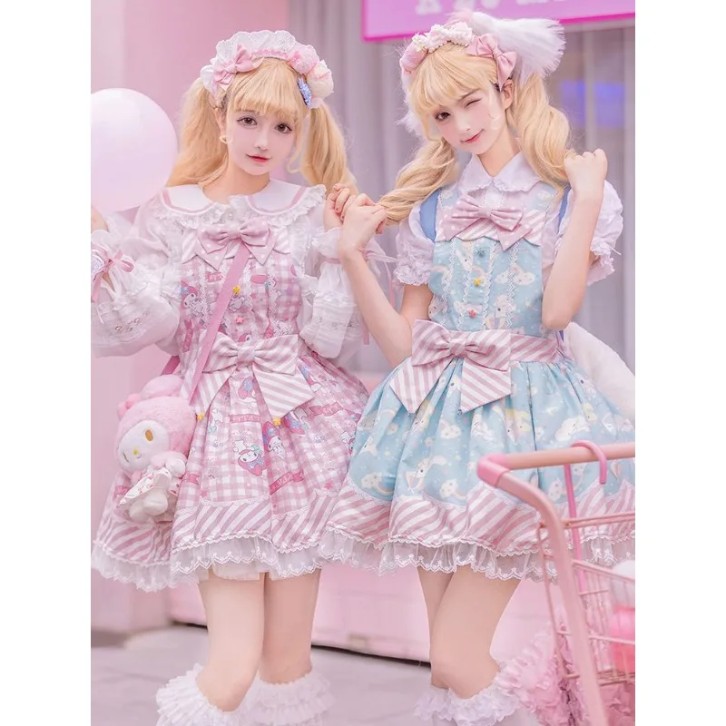 

My Melody Kuromi Cinnamon Lolita Jsk Kawaii Cute Dress Melo Sweet Cartoon Print Princess Y2k Harajuku Dresses Headwear for Women