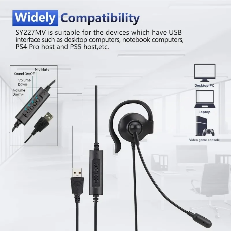 Single Side Wired Business Headset with Mic, Light Call in Center, Earhook, Wire Control USB, 3.5mm AUX