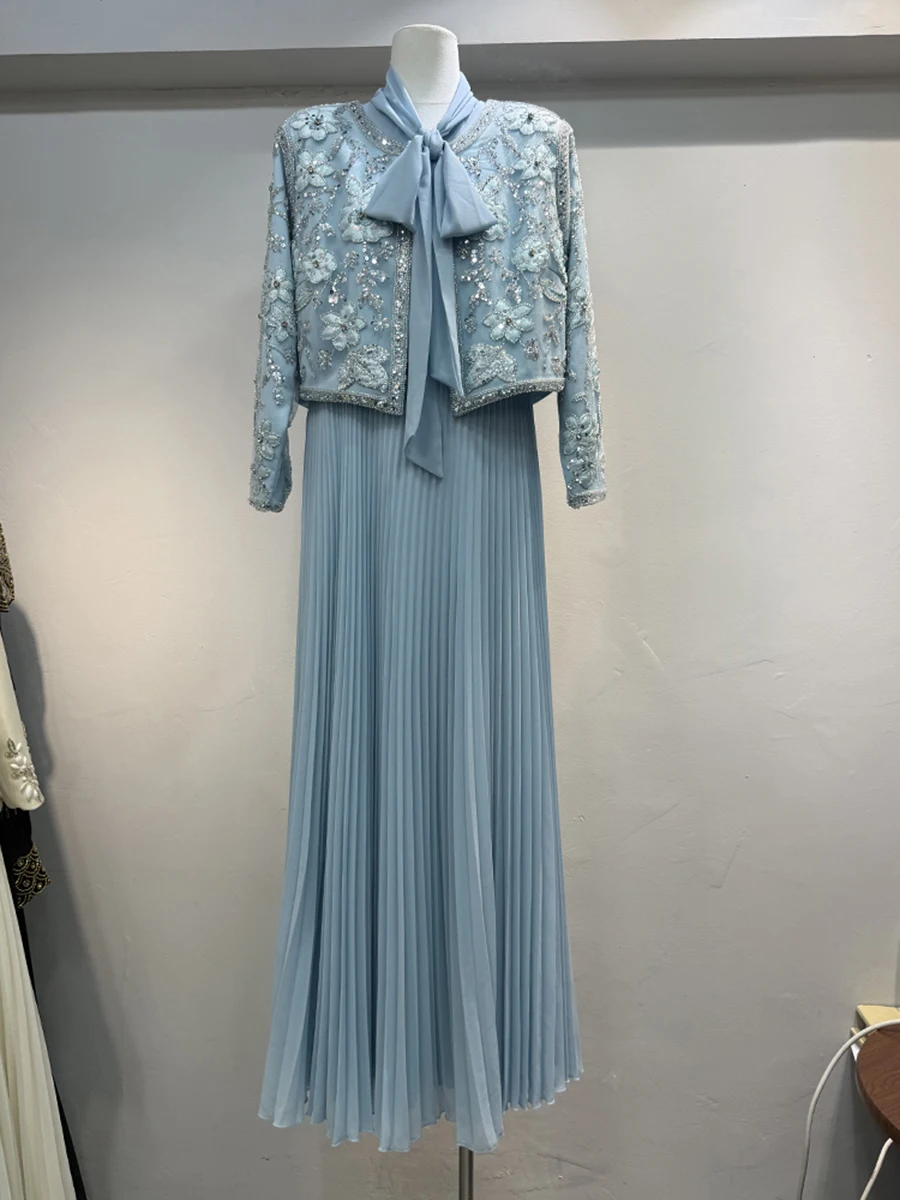 VGH หรูหรา 2 ชิ้นชุดผู้หญิง O คอสั้นเสื้อสเวตเตอร์ถัก Spliced เย็บปักถักร้อยผ้าพันคอ Maxi ชุด Office Lady ชุดหญิงใหม่