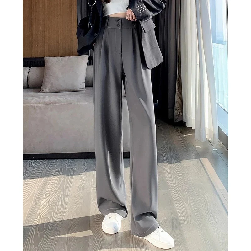 Pantalones de traje clásicos coreanos de cintura alta para mujer, pantalones holgados de pierna recta a la moda para niñas, pantalones informales de trabajo que combinan con todo