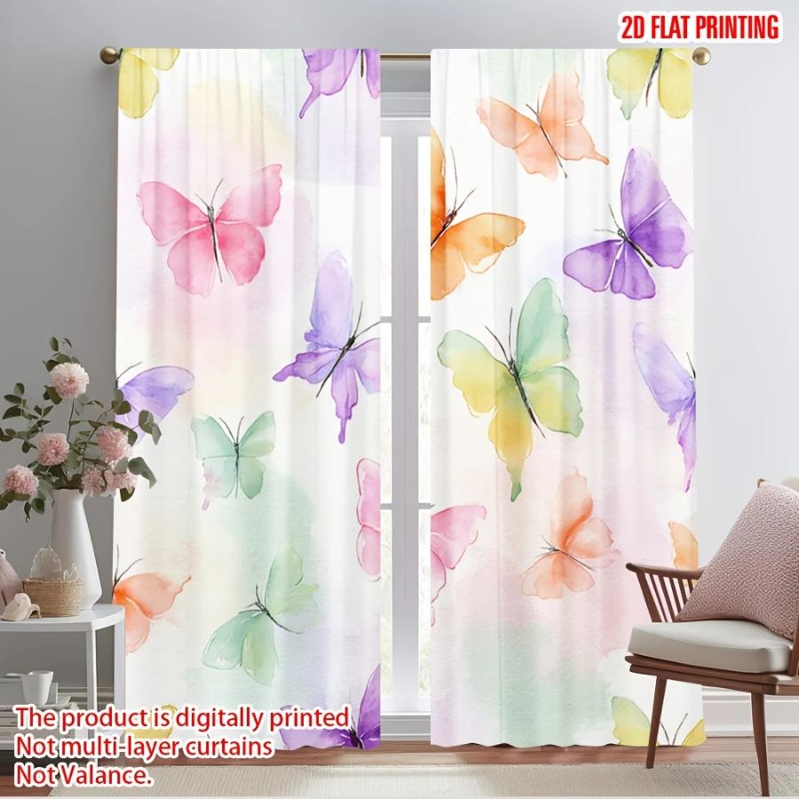 2PCS Digital Printed Curtains, Watercolor Butterfly Pattern, Dreamy Fairy Style for Living Room Bedroom Girls Room Decor
