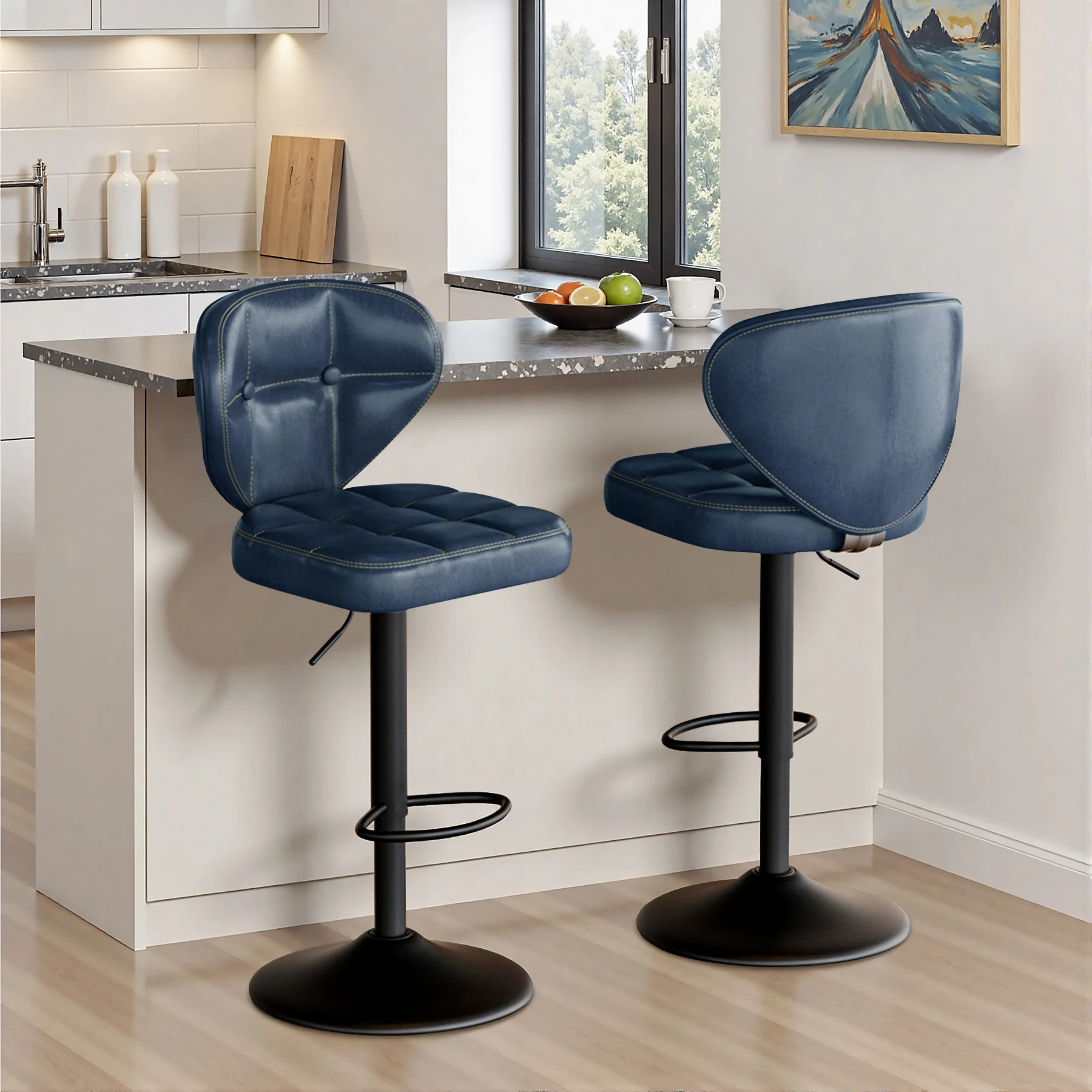 Swivel Bar Stools Set of 2, Adjustable Pu Leather Barstools，Counter Height Bar Stools With Back And Footrest, Heavy Duty 200kg