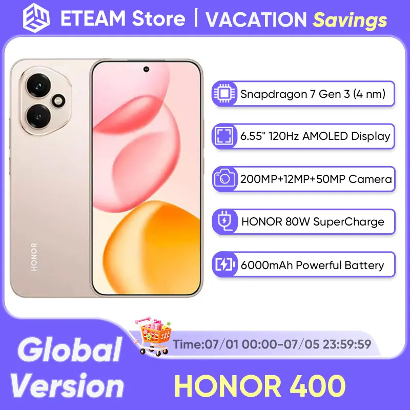 Новая оригинальная глобальная версия смартфона HONOR 400 5G Snapdragon 7 Gen 3 6,55 дюйма 120 Гц AMOLED-дисплей 6000 мАч 80 Вт Supercharge eSIM