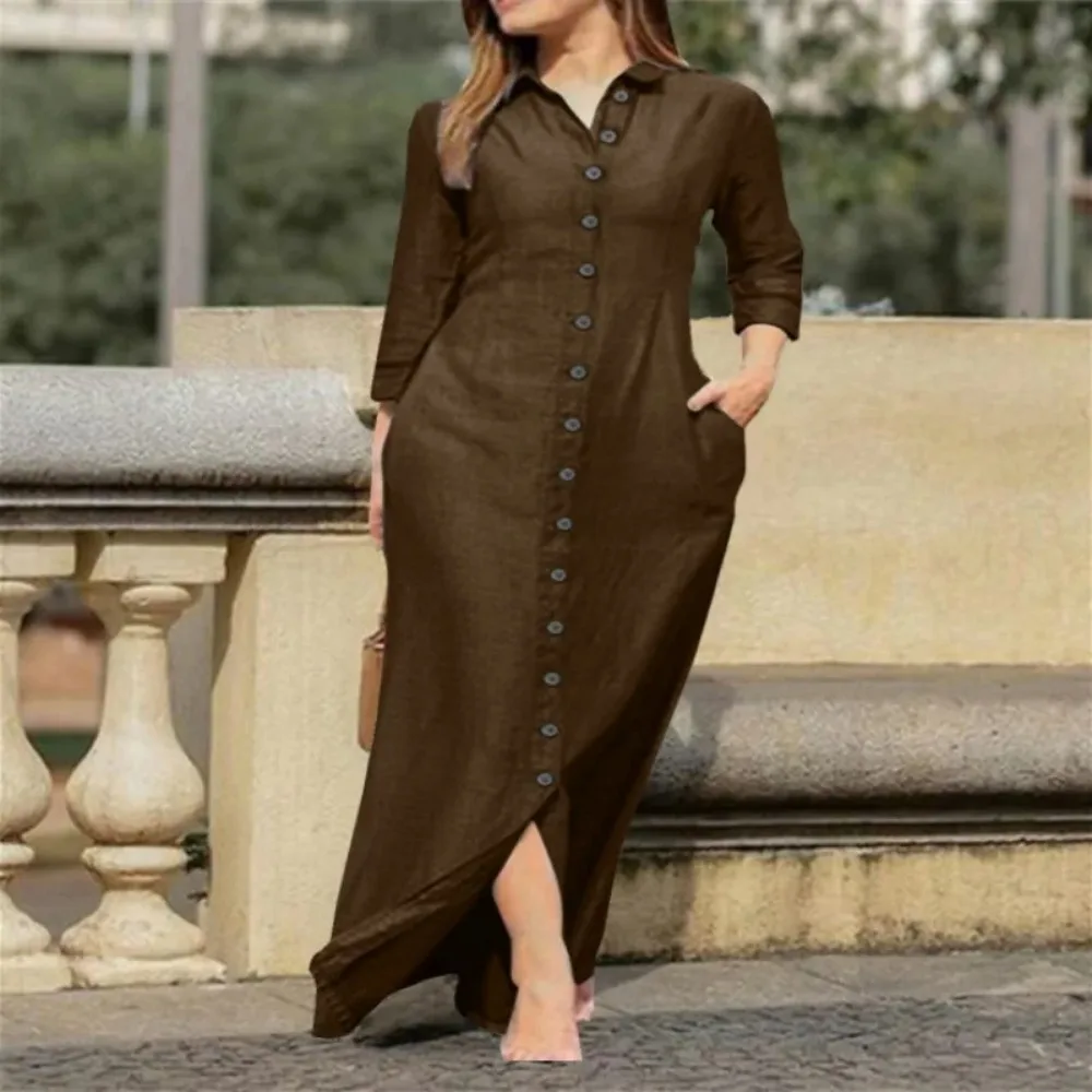 Spring/Summer Women\'s L-5XL Plus Size Elegant Neutral Style Cotton Linen Long Dress Long Sleeved Lapel Solid Color Loose Casual