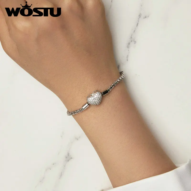 WOSTU Real 925 Sterling Silver Big Heart With Full Zircon Basic Bangle Bracelet Braided Chain Links DIY For Charms Women Gift