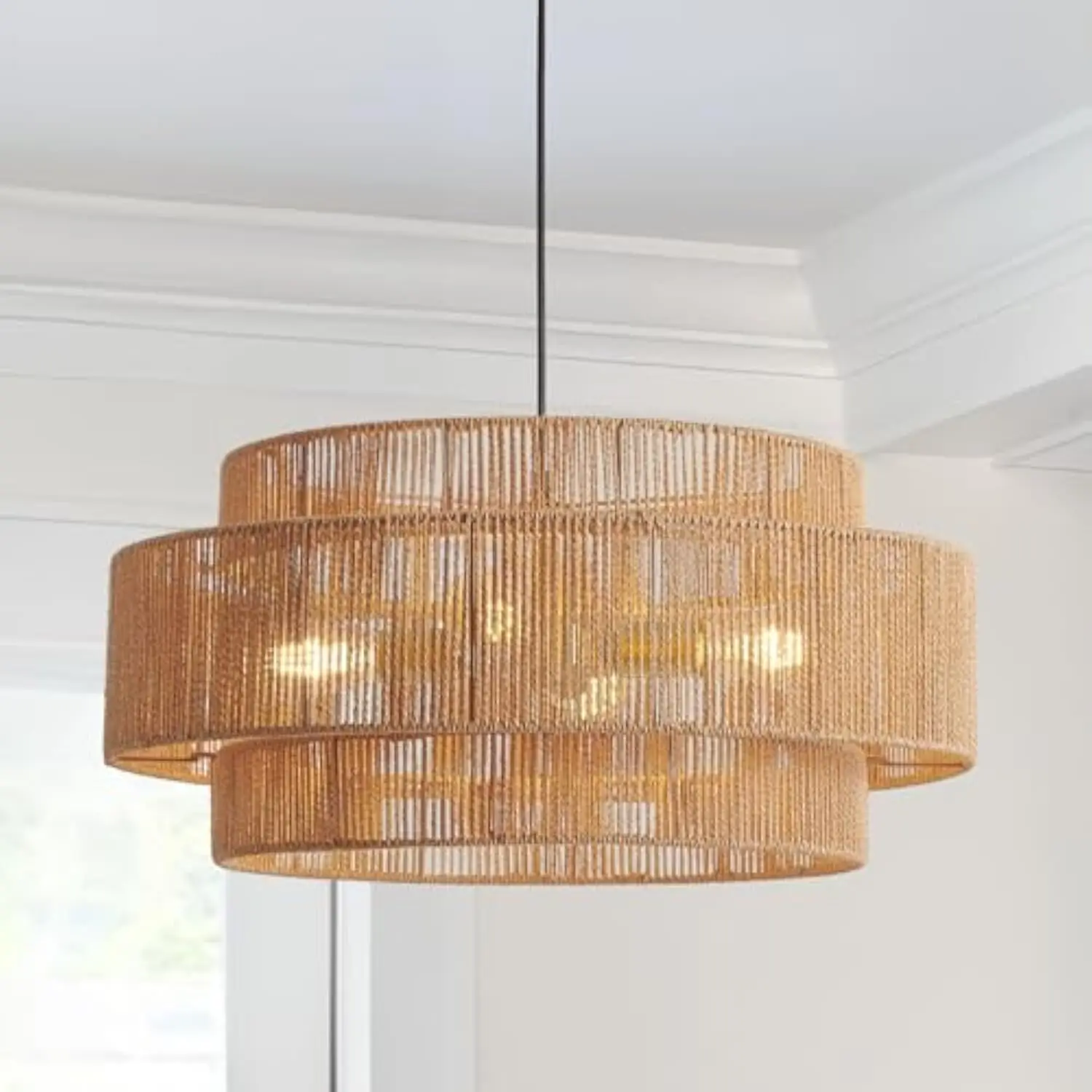 

3-Tier Large Rattan Chandeliers, 23.6in Boho Coastal Pendant Lights, Hand Woven Hemp Rope Lighting Fixture, Wicker Hanging Ceil