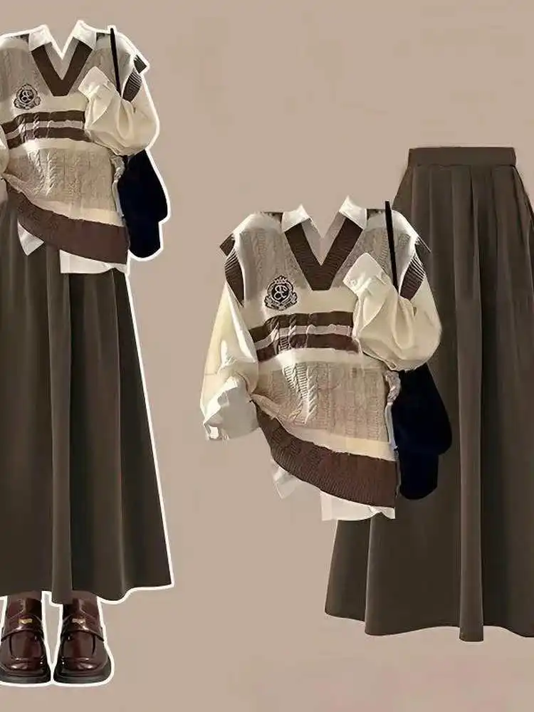 

Two-Piece Set Knitted Dopane Sle Student Faion Layering irt And Vest Autumn Winter New Arrival Korean Version