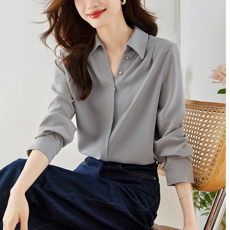 Autumn Fashion New Office Lady Long Sleeve V-Neck Women Blouse Button Grey Chiffon Blouse Shirt Women Tops Camisas De Mujer C03