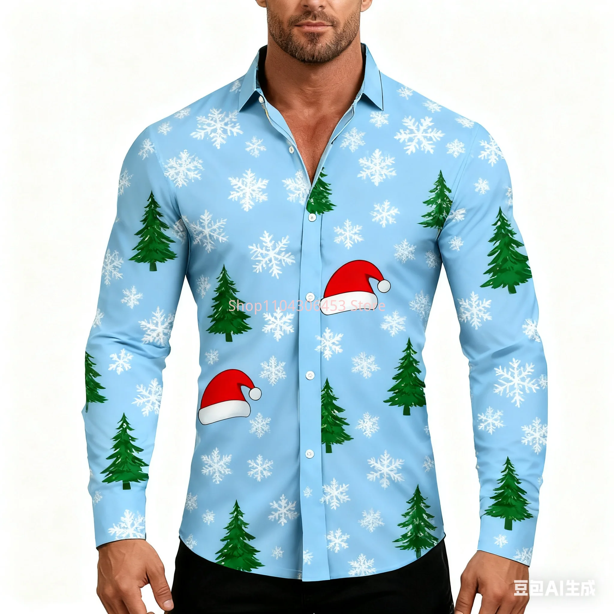 New Style Men's Christmas Themed Shirt 3D Print Santa Men's Casual Festive Long-sleeved Shirt Outdoor New Year Clothing Top
