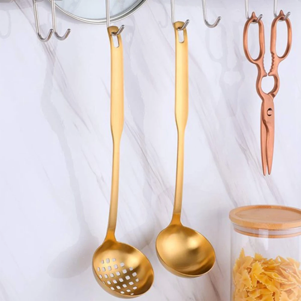 

Gold Soup Ladle Colander Set, Long Handle Stainless Steel Kitchenware Cookware Serving Spoon, For Cooking Utensil(2 PCS)-A74P