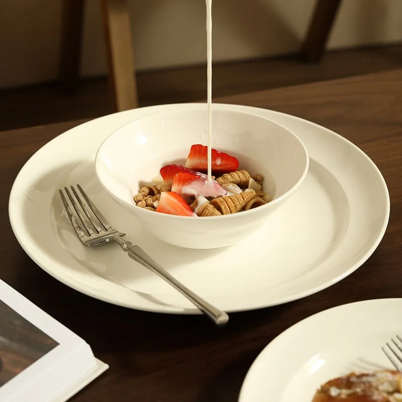 Minimalist White Ceramic Bowls Modern Dining Collection Fine Porcelain Plates Microwave and Dishwasher Safe