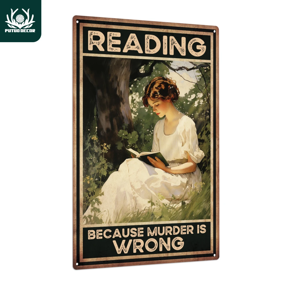 Putuo Decor 1pc Funny Quotes Vintage Metal Tin Sign, Reading Because Murder Is Wrong, Wall Art Decor for Reading Room, Gift