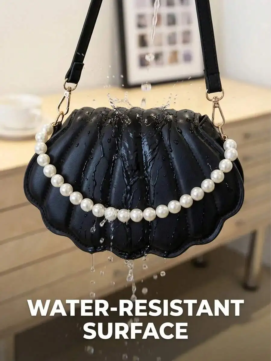 

Water-Resistant Seashell Crossbody Bag With Faux Pearl Trim For Wedding, Party, Formal Wear And Beach Outfits