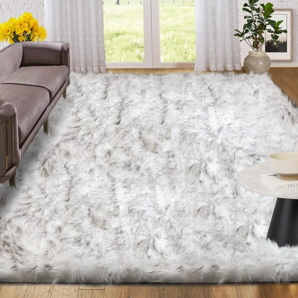 White and Grey Area Rugs 9x12 Living Room Large Washable Faux Fur Rugs for Bedroom Nursery Shaggy Sheepskin Fur Rectangle Rug