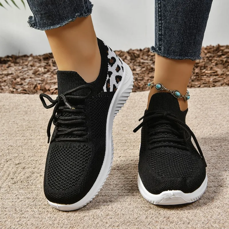 Ladies Shoes 2024 Brand Lace-up Women's Vulcanize Shoes Fashion Leopard Print Ladies Casual Shoes New Round Head Mesh Sneakers