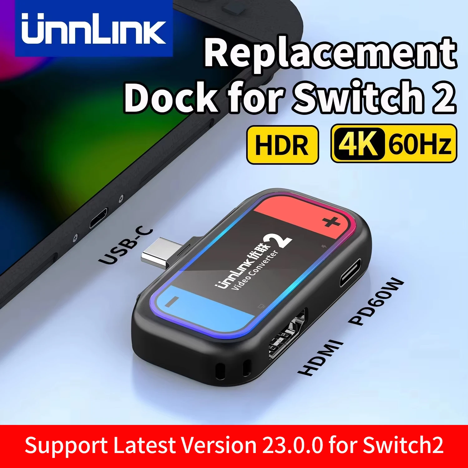 Unnlink Portable Docking Station for Nintendo Switch 2, Mini Travel Dock with 4K HDMI Output & PD Charging for NS2 to TV/Monitor
