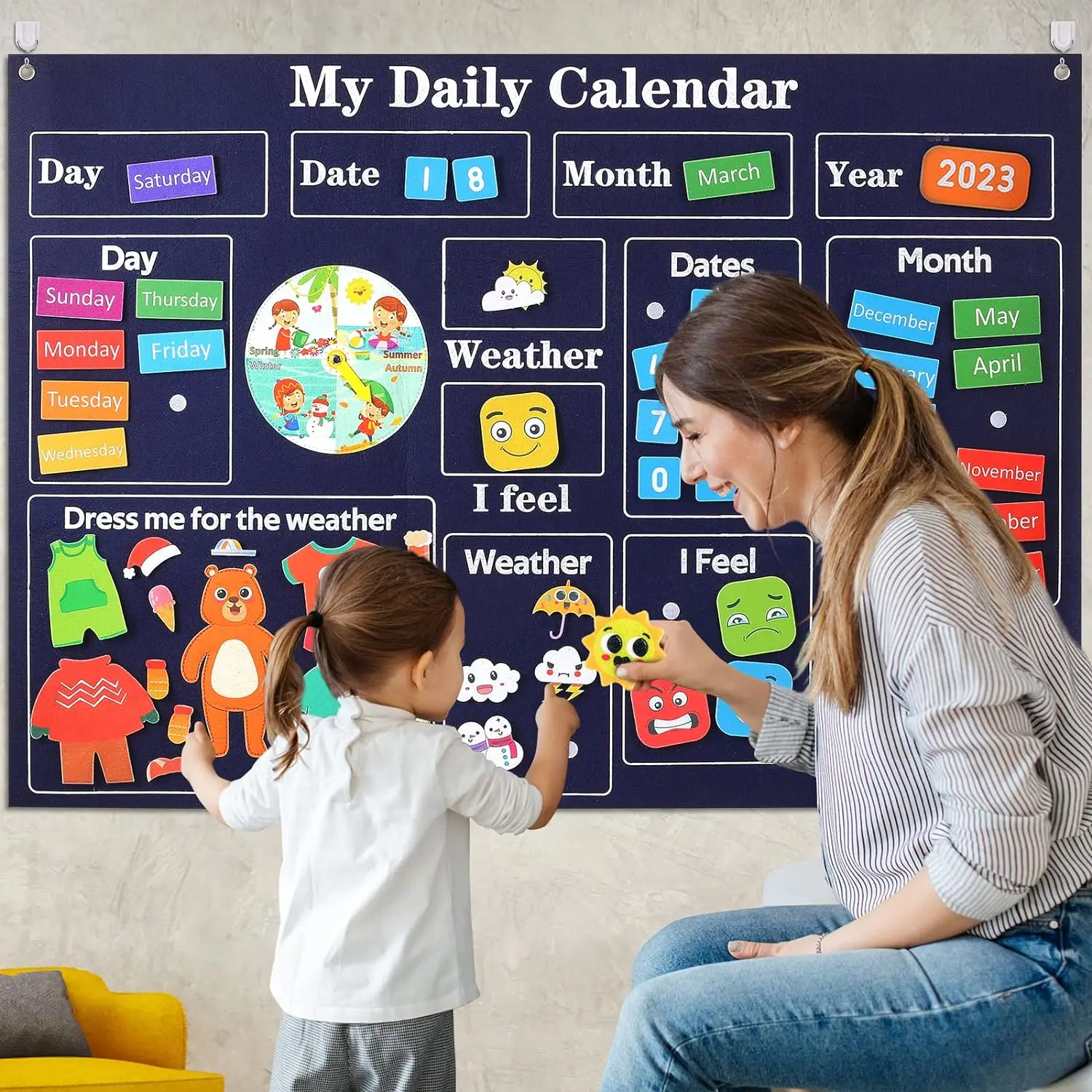My First Daily Calendar Montessori Felt Story Board Set Loop Time Learning Center, A Weekly Chart For Children's Learning