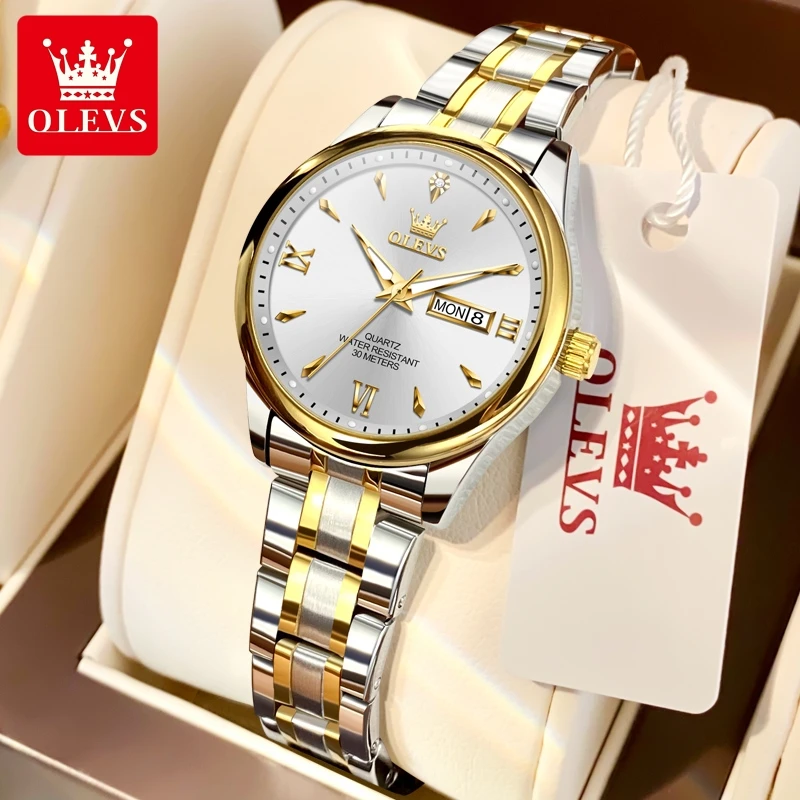 OLEVS 9806 Merkhorloge voor koppels, kalender, waterdicht, lichtgevend, quartz horloge voor heren en dames, origineel modehorloge voor liefhebbers.