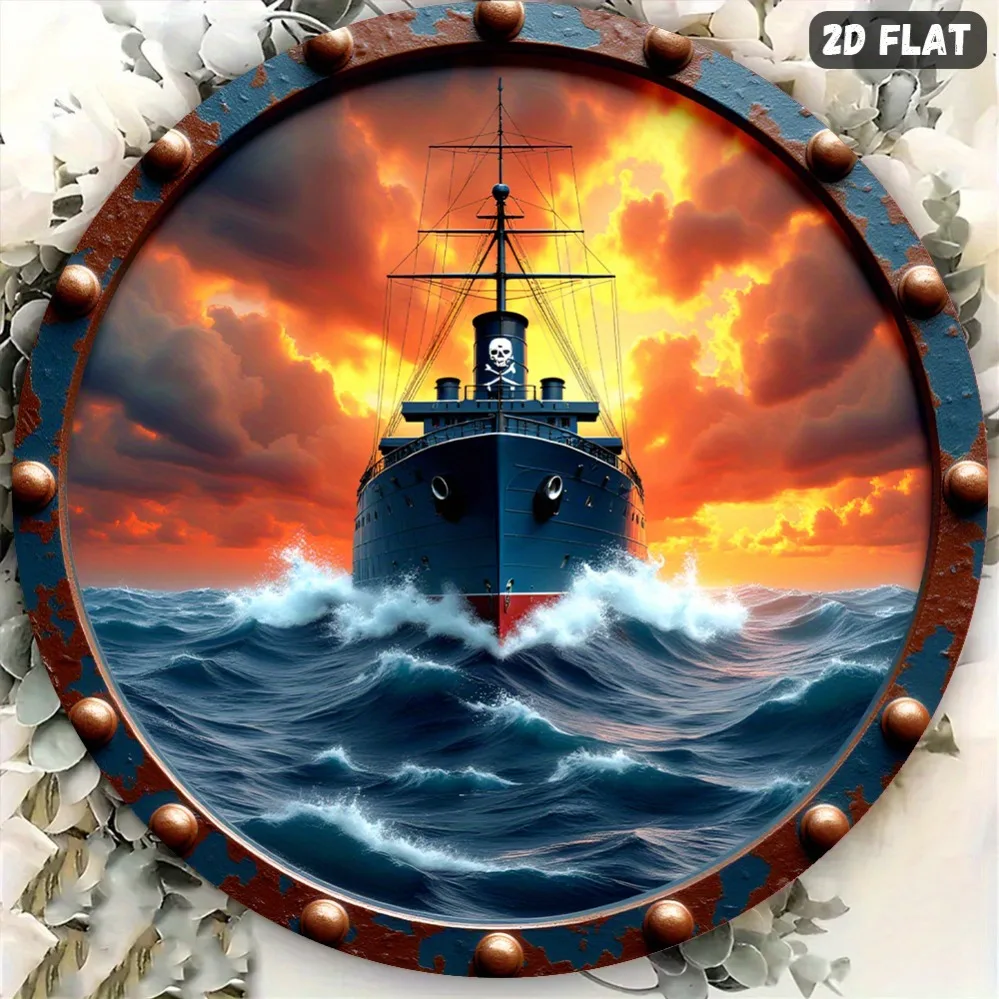 Rusty Rivet Porthole Pirate Ship Sunset Ocean Wave Round Metal Tin Sign Wall Decor For Bar Beach Art Plaque