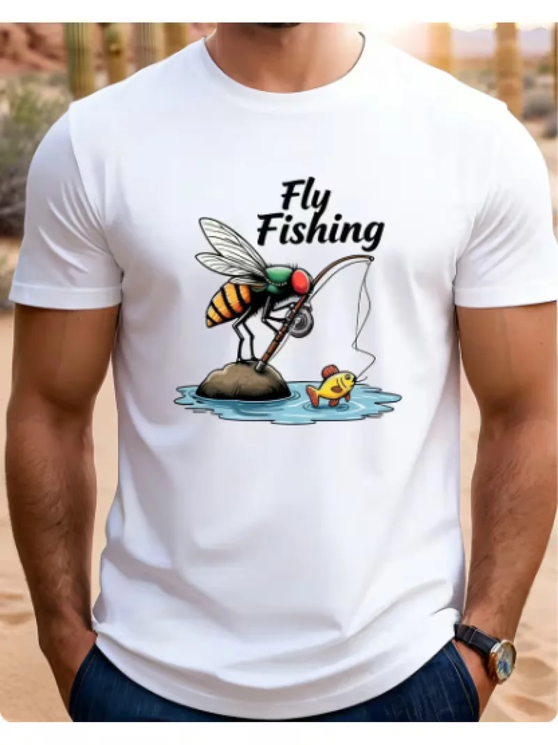 Cotton 100%Funny Fly Fishing Fly Cartoon Print Men T Shirt Fisherman Gift Graphic Short Sleeve Tee Outdoor Fishing Lover Casual
