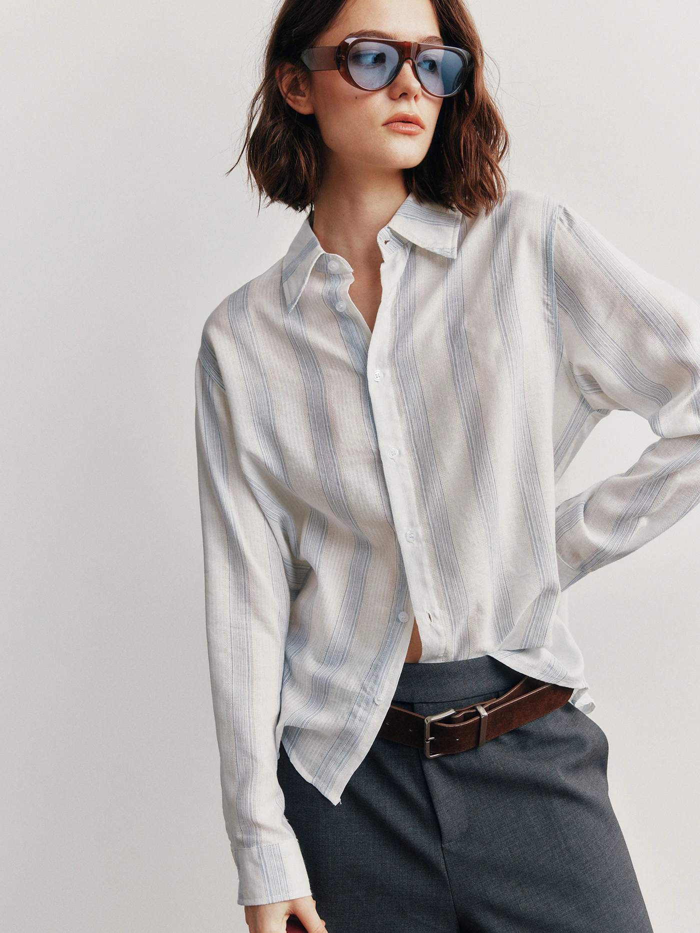 

Fre Sea Salt Color Woven Stripe Fabric Simple Comfortable Universal Embroidery Loose Women's irt Breathable Cotton...