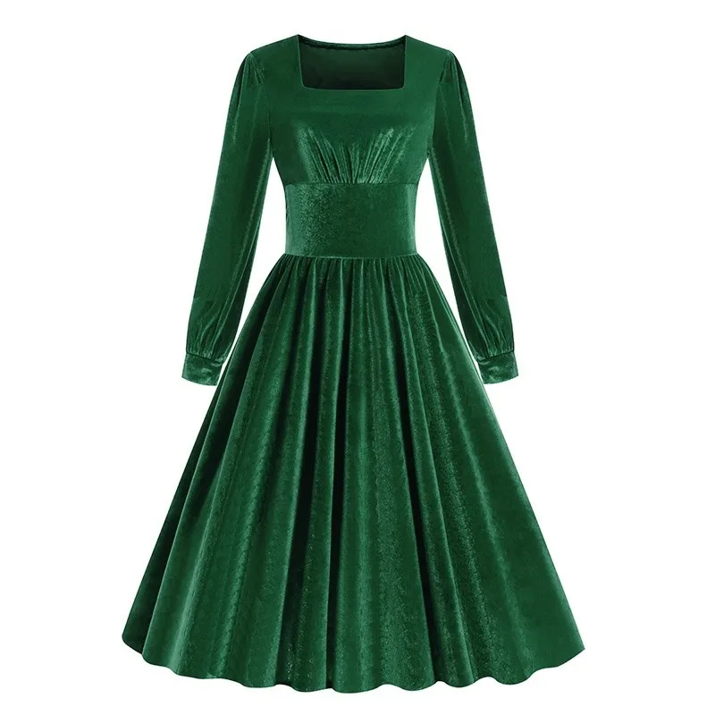 Vestido de noite de veludo vermelho vintage 2025 novo vestido feminino elegante pescoço quadrado cintura alta manga longa vestido de baile fino ajuste