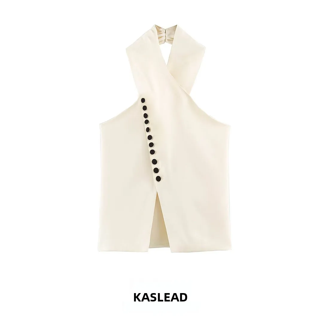 Fashionable Double-Breasted Hanging Collar Vest New Women's Wear High-End Feel KASLEAD 7768344 Polyester Fiber Short Length