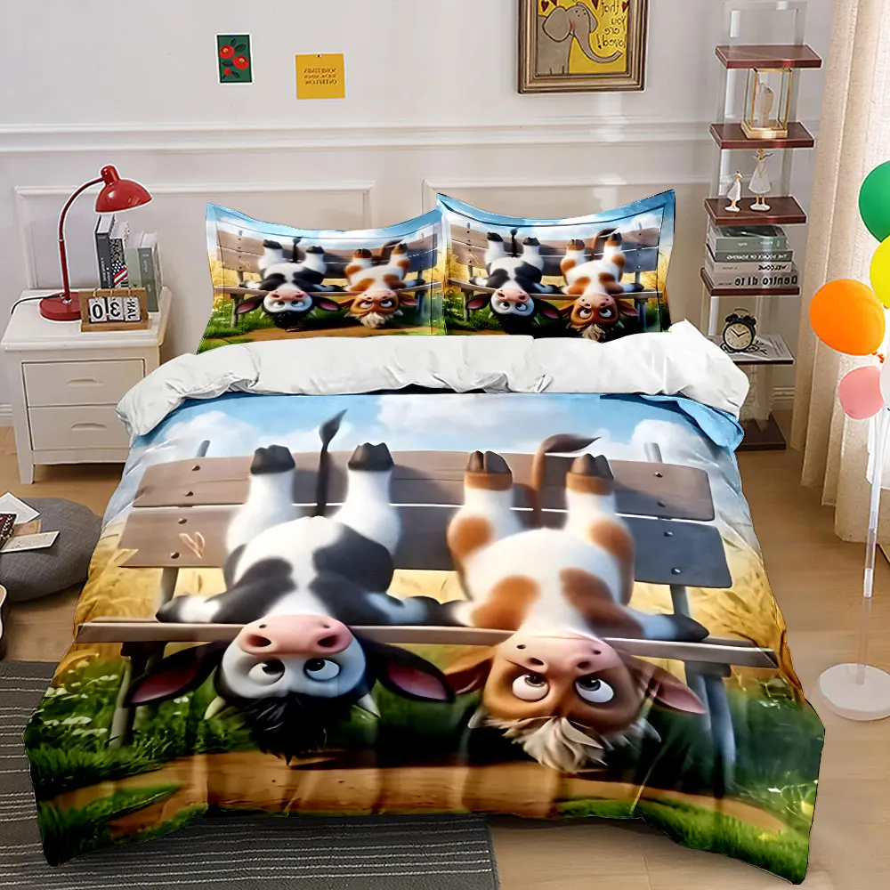 Adorable calves upside down on bench Bedding Set for Kids Luxury Gift 3pcs Digital Print Comforter Set Soft Comfortable