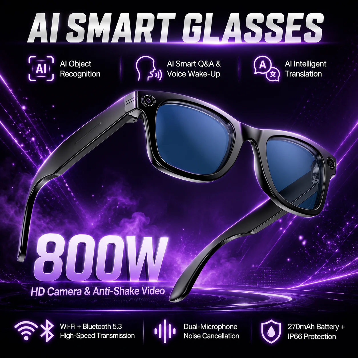 New Smart Glasses 800W Camera Photo and Video AI Only Q&A Smart Translation Noise Reduction Bluetooth Calling Smart Glasses