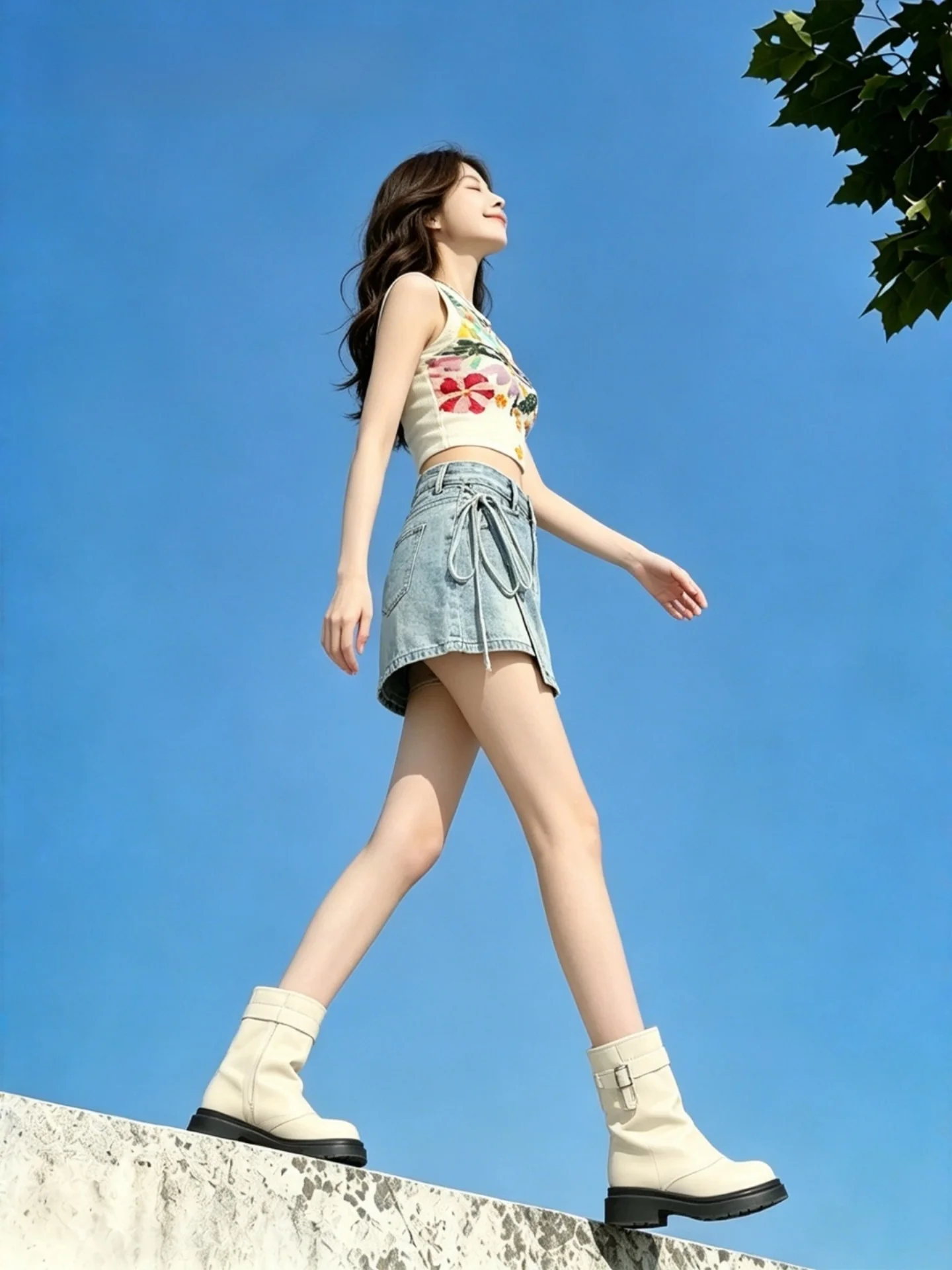 Retro American Large Size Washed Blue Fading Denim  Skirt High Waist A-Line Half Body Women's Summer Fake Two-Piece Skirt