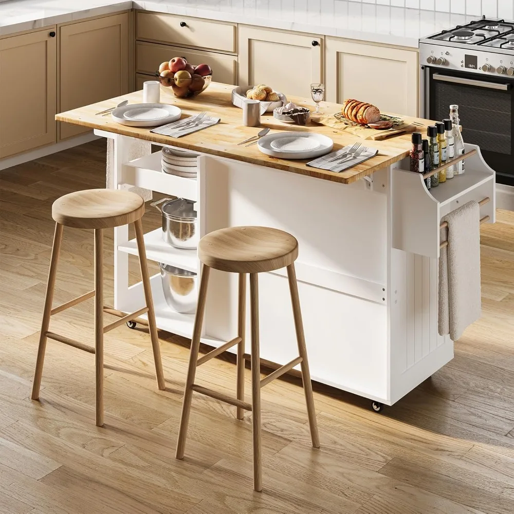 

Rolling Kitchen Island with Drop Leaf, 60.6" Width Wood Countertop, Kitchen Carts on Wheels with Large Storage Cabinet