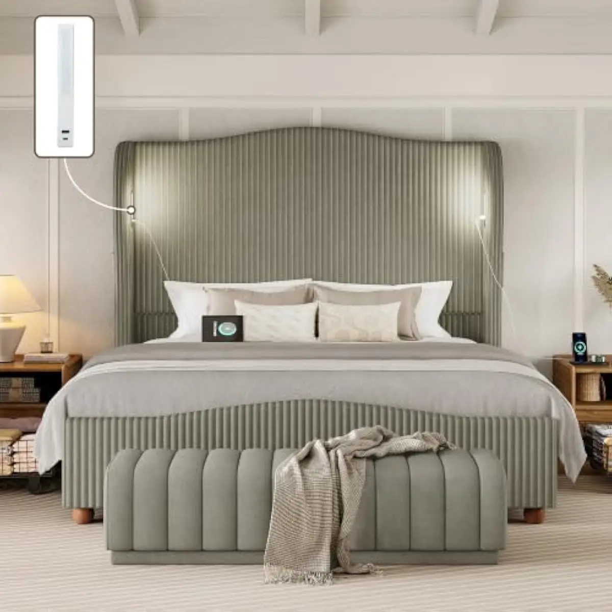 King size upholstered bed with extra tall wingback headboard wrapped in premium corduroy fabric featuring integrated LED lightin