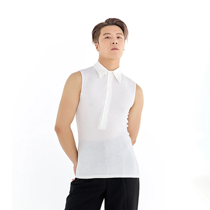 男性サンバラテンダンストップスメンズノースリーブ社交ダンスシャツ大人モダンダンストップ男性ルンバダンスウェア SL14368