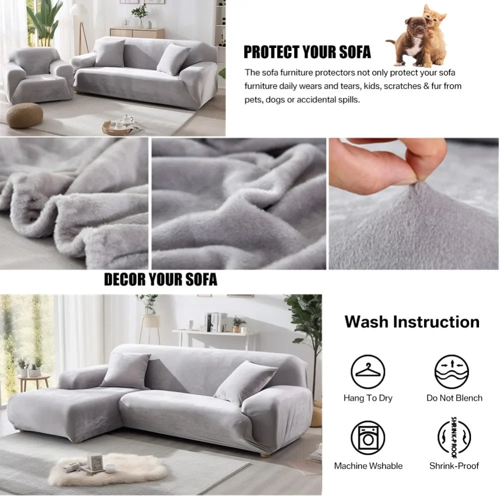 Stretch Velvet Sofa Covers for 1/2/3/4 Couch Covers Sofa Slipcovers Furniture Protector Soft with Non Slip Elastic Bottom