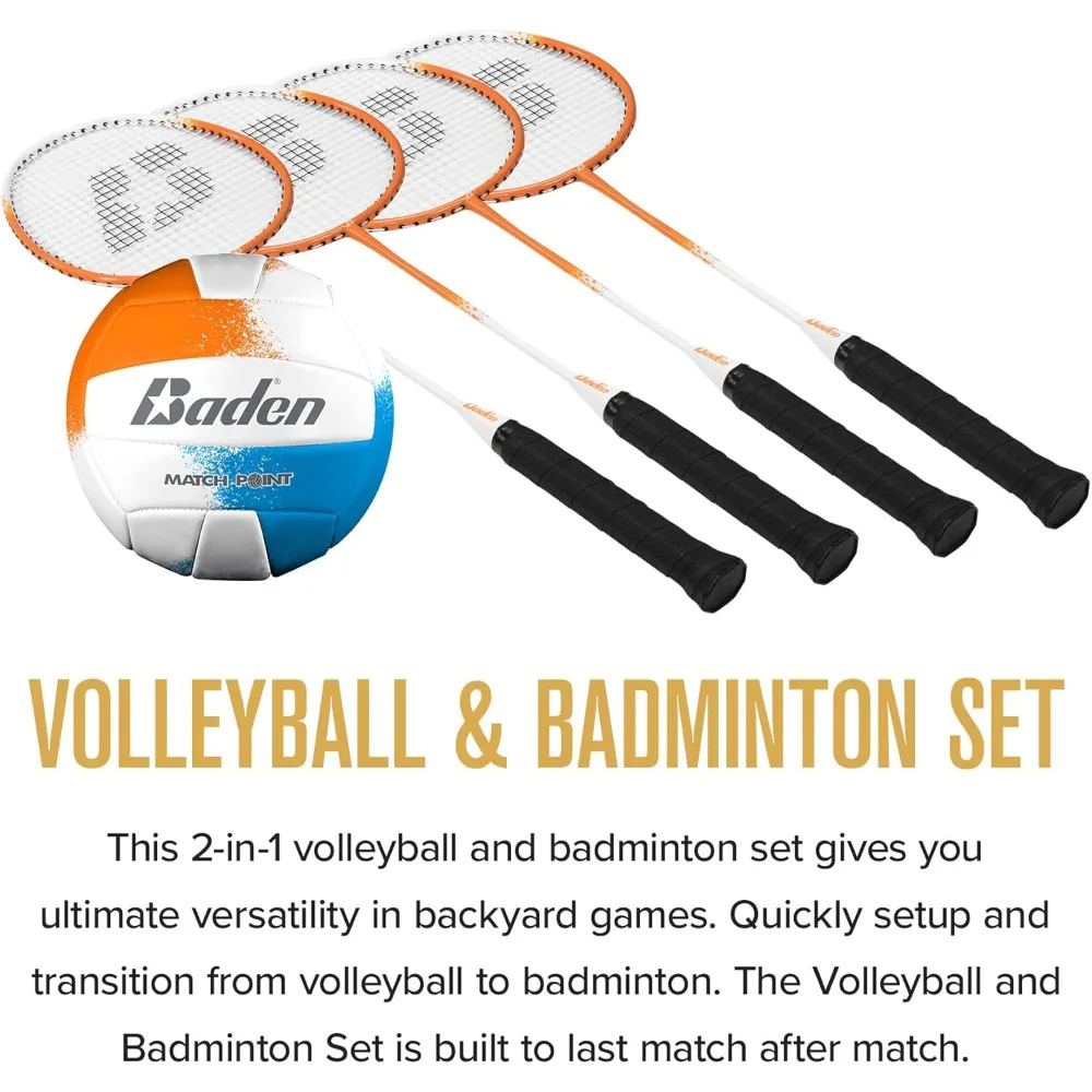 Champions Volleyball/Badminton Portable Combo Set, 4 Raquets 3 Birdies + Boundary  Volleyball  Pump  Carry Bag