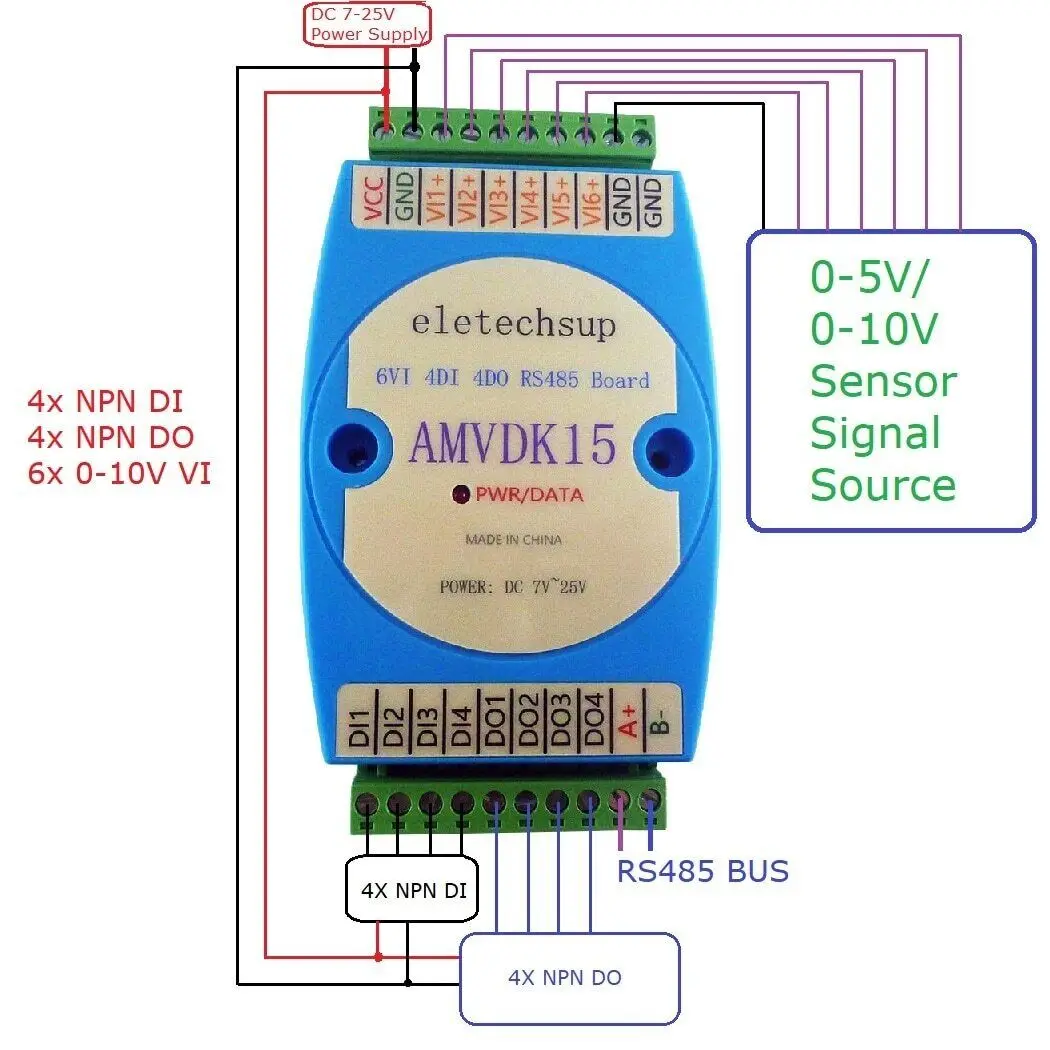 

3IN1 6VI-4DI-4DO 300mA NPN 0-5V 0-10V VI DI-DO RS485 IO for Temperature Humidity