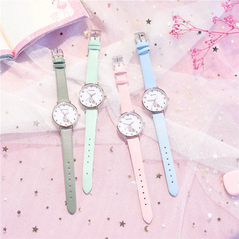 Conjunto de reloj con pulsera para niñas, relojes analógicos luminosos de cuarzo y cuero con esfera de conejo para estudiantes, regalo de cumpleaños