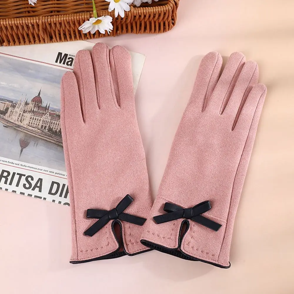 

Breathable Soft Women Driving Gloves Bow Plus Velvet Touch Screen Gloves Female Gloves Full Finger Gloves Suede Leather Mittens