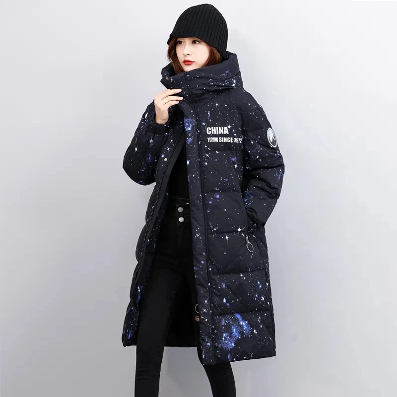 White Duck Down 90% Coat Women 2022 Winter New Fashion Loose Casual Down Jacket Female Long Hooded Printing Thick Warm Parkas