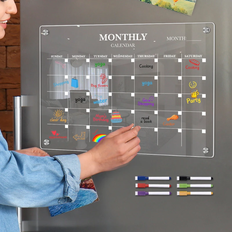

Acrylic Calendar for Fridge, Monthly Clear Acrylic Magnetic Dry Erase Board for Refrigerator, Includes 6 Liquid Chalk Markers
