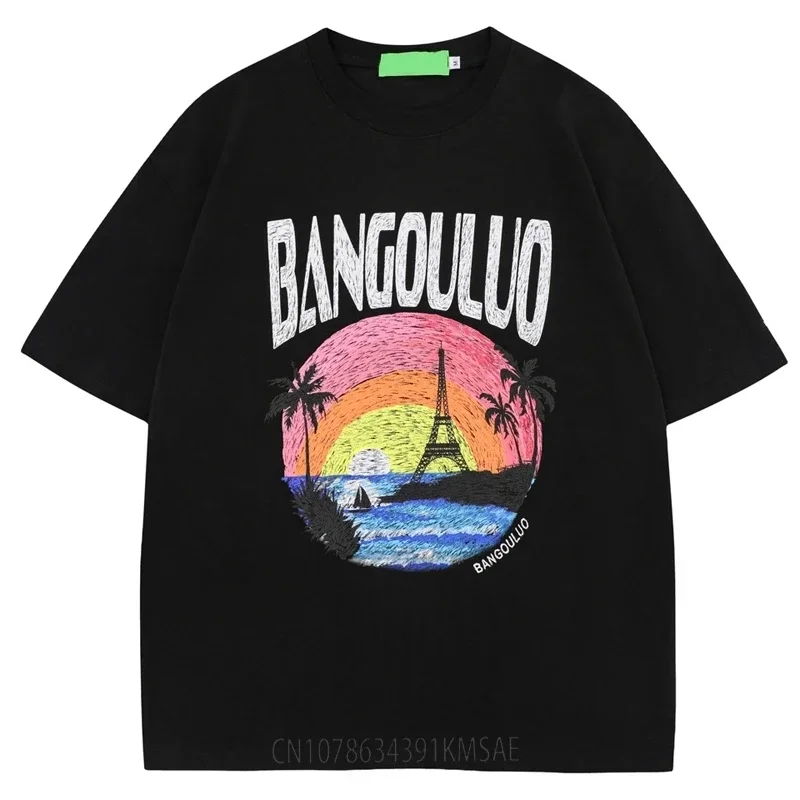 Fashionable Paris Retro Paris Sunset Fun Print Cotton Men's T-shirt Short Sleeve Couple Tee Street Fashion Brand Women Tops