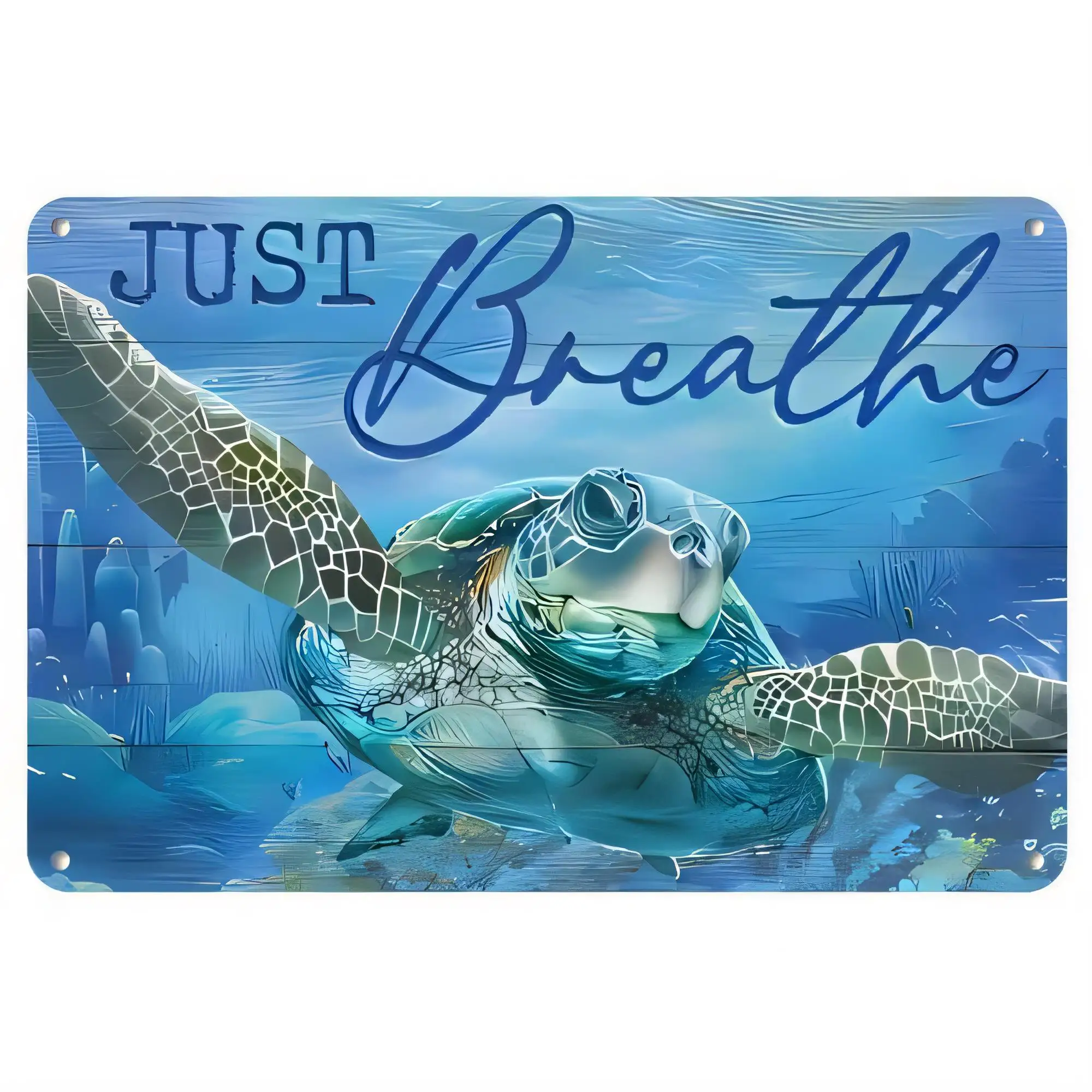Tin Sign Just Breathe Underwater Sea Turtle Vintage Beach Wall Art Home Decor Metal Plaque   Coastal Nautical Retro Signs for Ba