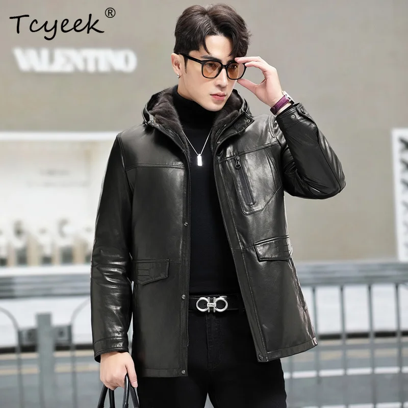 Tcyeek Real Fur Coat Men Winter Jackets for Man Goatskin Real Leather Jacket Mid-length Mink Liner Warm Coats Chaquetas Hombre