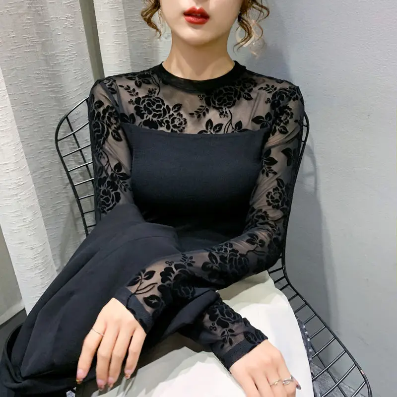 Camisetas básicas elegantes y sexis con retales De malla transparente para Mujer, Jersey ajustado De manga larga con cuello redondo negro, Tops, Ropa De Mujer