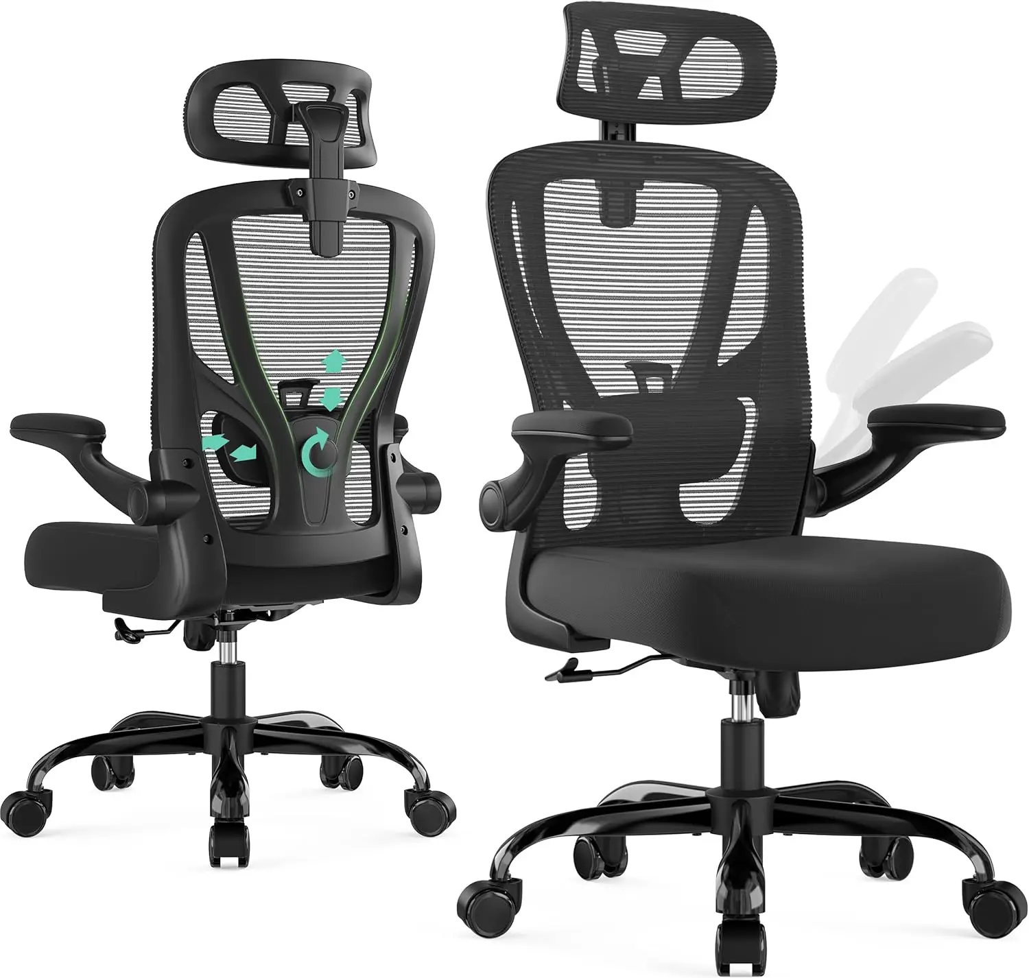 Ergonomic Office Chair Mesh High Back with Headrest, Wheels, Lumbar Support, Flip-up Armrests, Swivel Task Chair Black