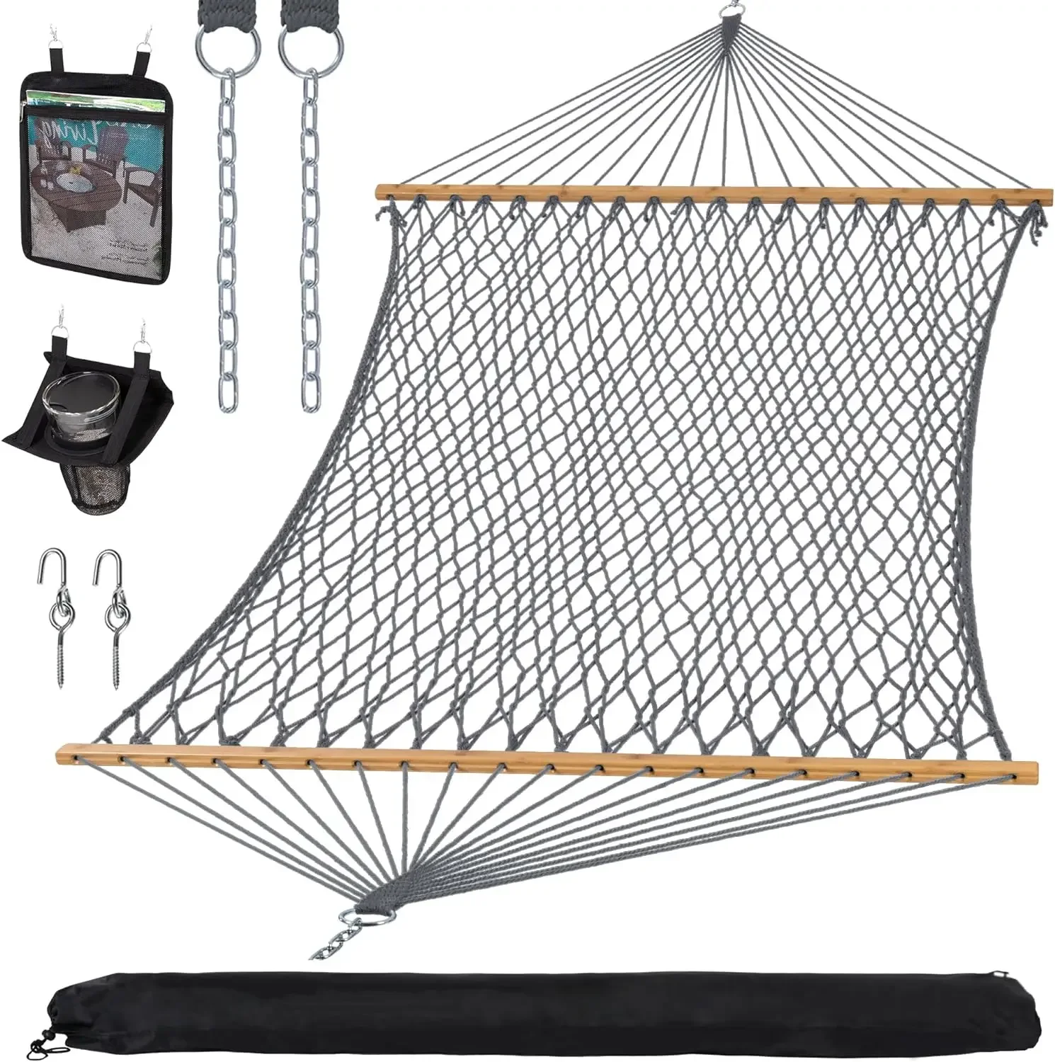 

Double Outdoor Hammock, Polyester Rope Hammock with Strong Spreader bar, Gray