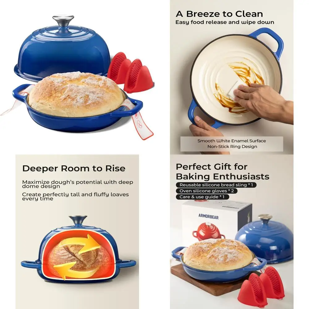 

Эмалированная чугунная голландская духовка для выпечки хлеба на ударе — круглая кастрюля на 5 литров с купольной крышкой, идеально подходит для домашней без дрожжей Brea